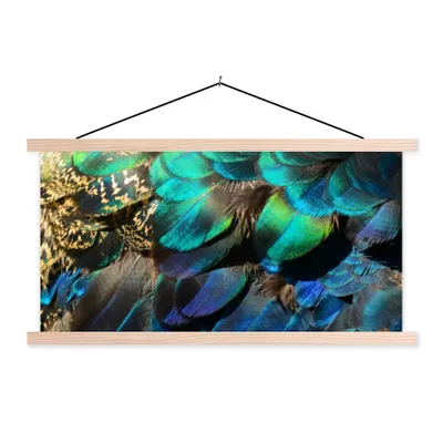 Produktbild von MuchoWow® Textilposter Federn - Pfauenfedern - Pfau - Blau - Kunst 60x30 cm mit holzfarbenen Rahmen - Dekoration