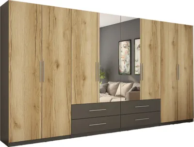Produktbild von Meblast | Kleiderschrank 400x220 cm mit 2 Spiegeln - Graphit/Eiche Grand Natürlich - Garderobe mit Regalen, Schubladen und Kleiderstange | Raffinierte Optik