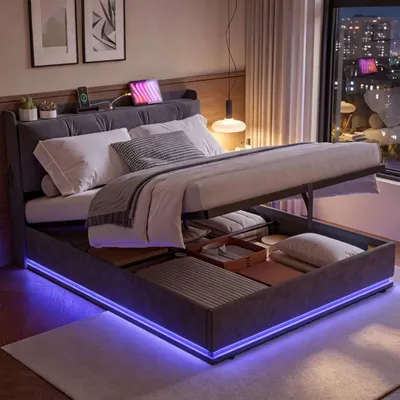 Produktbild von INONEFT Polsterbett 140x200 mit LED und USB, Boxspringbett mit Hydraulique Bettkasten, Jugendbett mit Lattenrost, Einzelbetten, Samt, Grau
