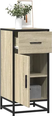 A standalone wooden cabinet with a black metal frame, shown with one drawer open and one door ajar.