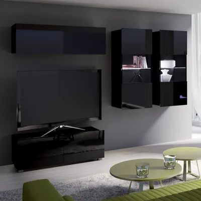 Produktbild von Wohnwand mit LED Beleuchtung in schwarz Hochglanz CAIRNS-132, B/H/T ca. 225/200/43 cm