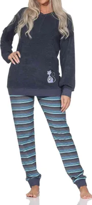 Produktbild von Normann Damen Frottee Pyjama mit Bündchen + niedliches Tier-Motiv – auch in Übergröße ; blau-mel. , 52
