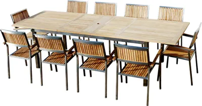 Produktbild von ALEOS. Gartengarnitur Edelstahl Teak Set Ausziehtisch 200-240-280x100 cm + 10 Teak Sessel A-Grade Teak Holz Serie KUBA Gastroqualität