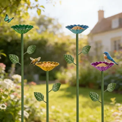 Produktbild von Vogelbad Metall Vintage Stehend mit Erdspieß Blumendesign für Garten & Bienen