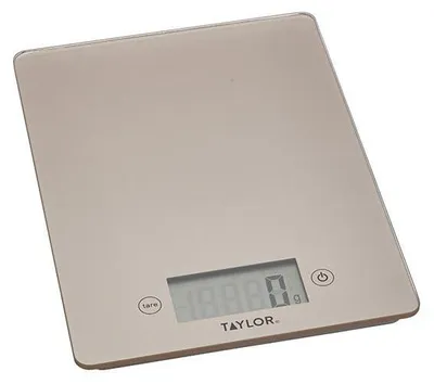 Productafbeelding van Taylor TYPSCALE5PEWT / TYPSCALE5SIL / TYPSCALE5RGLD / TYPSCALE5COP: Elektronische keukenweegschaal met LCD-display, meetbereik tot 5 kg, glazen weegbeker, tarrafunctie en automatische uitschakeling