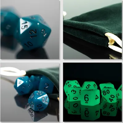 Produktbild von 7 polyedrische leuchtende Würfel für Rollen- und Tabletopspiele in blau mit Beutel