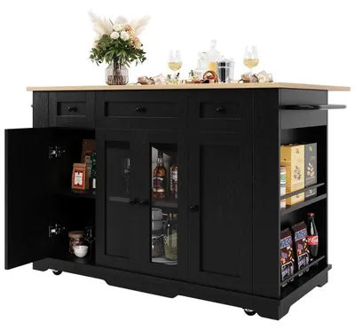 Immagine prodotto di Isola da cucina con piano di lavoro e tavolo pieghevole, finitura effetto legno, colore nero, dimensioni 151,5 x 60 x 91,7 cm