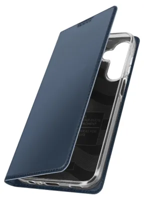 A blue flip case for a smartphone is shown from a diagonal angle, with the front cover partially open.