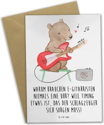 Produktbild von Mr. & Mrs. Panda Glückwunschkarte E-Gitarre Timing - Weiß - Geschenk, weihnachtskarten, dankeskarten, Band, elektrische Gitarre, Musiker, Lernen, Musik, einladungskarten