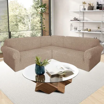 Produktbild von Sofabezug L Form 5 Sitzer Ecksofa Samt Hellbraun Jacquard Waschbar Rutschfest