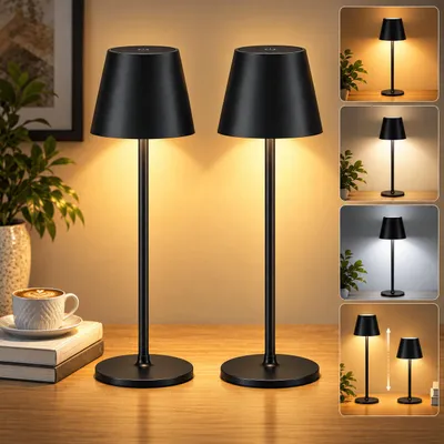 Produktbild von Akku-Tischlampe als 2er-Set in Schwarz für zwei Nachttische, 1800 mAh, 3 Lichtfarben, stufenlos dimmbar, USB-C, 38 cm