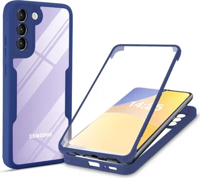 A blue and transparent phone case is shown, with a phone inside the case.