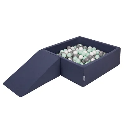 Obrázok produktu pre KiddyMoon Mäkké penové ihrisko pre deti s Štvorec loptičkovým ihriskom (200 ∅ 7 cm) s mäkkými prekážkami a loptičkovým bazénom,  vyrobené v EÚ, Tmavomodrá:Biela/Grey/Mätový, Klin