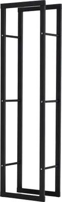 A black metal firewood rack against a white background.