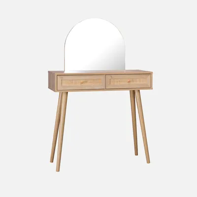 A vanity table with a mirror and two drawers, presented against a plain white background.