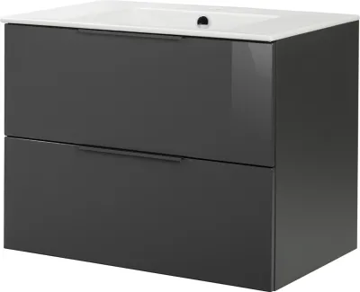 Produktbild von FACKELMANN LUNA Badmöbel Set 2 Teile / Keramik Waschbecken / Waschbeckenunterschrank mit 2 Schubladen / Badschrank mit Soft-Close / hochwertige Möbel fürs Bad / Korpus & Front: Schwarz / Breite: 80 cm
