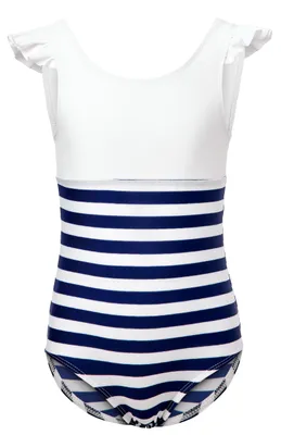 Image de Maillot de bain une pièce pour fille, séchage rapide, protection UV 50, MS10-443 (blanc/bleu marine/rayures, 122)