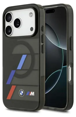 A black iPhone case with BMW M branding is shown next to an iPhone.