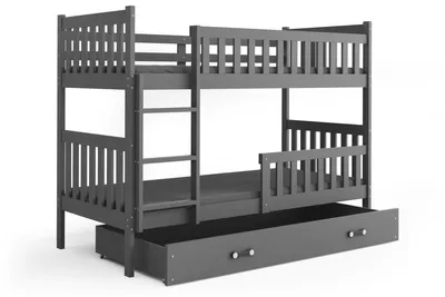 Produktbild von Kinder Etagenbett JAKOB 90x200 cm Grau – Massivholz, Schublade, Lattenrost & Rausfallschutz