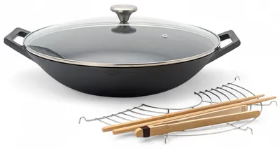 Produktbild von osoltus Wok Gusseisen mit Zubehör Wok-Set mit Deckel 36cm
