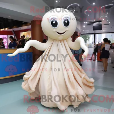 Produktbild von Cream REDBROKOLY Squid Maskottchen Kostüm Figur gekleidet mit einem Ballkleid und Handschuhen