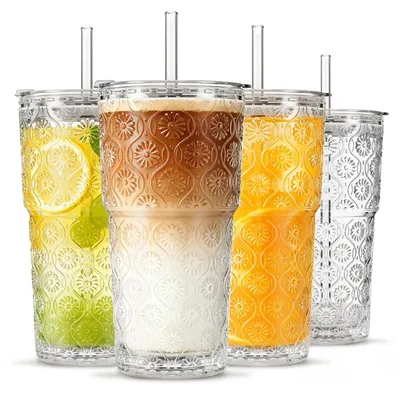 Gläser-Set 4er-Pack 600 ml mit Deckeln & Strohhalmen