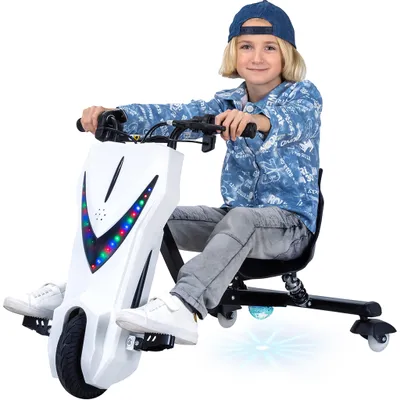 Produktbild von Kinder Elektro Drift Trike | Drift Scooter - Drift Cart - Bis zu 15km/h - LED Driftrollen 360° - Hupe - 3 Geschwindigkeitsstufen (Weiß)
