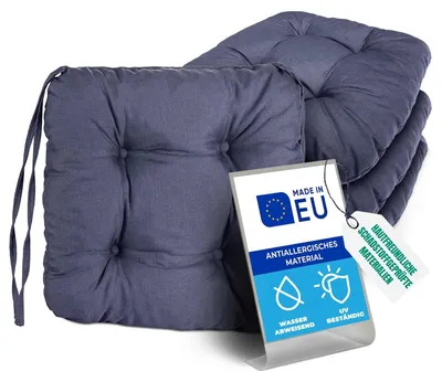 Produktbild von Pillows24 – 4x Sitzkissen Outdoor 40x40 – Extra dicke 8cm – wasser- & UV-beständig + Bändern | Bequeme Stuhlkissen für Gartenstuhl (blau)