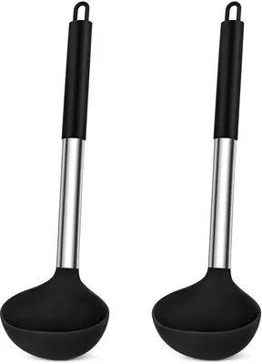 Productafbeelding van Ibenzoa® 2-delig zwart serveerset – 15 cm serveerlepel (metaallegering) en 13 cm soeplepel (roestvrij staal), vaatwasmachinebestendig