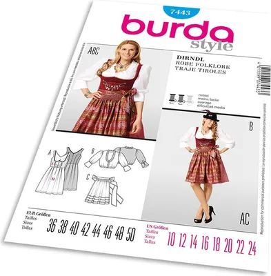 Obrázek produktu pro Střih Burda 7443 - Krojové šaty, krojová zástěrka, krojová halenka