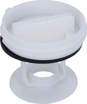 A white washing machine filter with a black rubber seal.