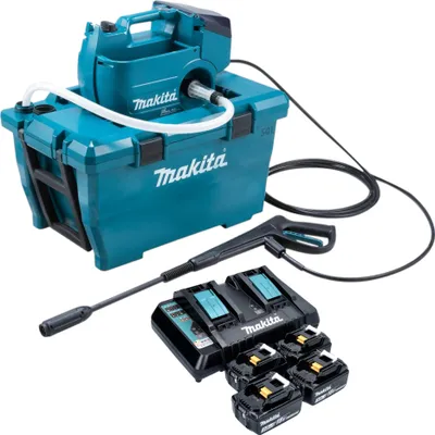 Produktbild von Makita DHW 080 PF4K Akku Hochdruckreiniger 36 V ( 2x 18 V ) 80 bar 380 l/h Brushless + 4x Akku 3,0 Ah + Doppelladegerät