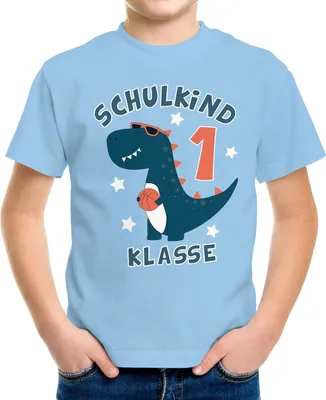 Produktbild von Kinder T-Shirt Jungen Dinosaurier T-Rex Schulkind 1. Klasse Geschenk zur Einschulung Schulanfang Moonworks® hellblau 122-128 (7-8 Jahre)
