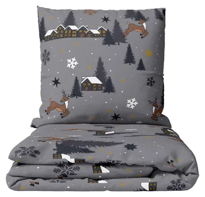 Produktbild von 4 teilige Kuschelige Winter Bettwäsche Fleece 135x200 cm Grau Elch Schneeflocken mit Reißverschluss