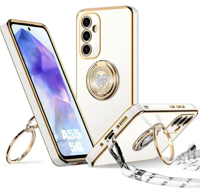 Image de Coque pour Samsung Galaxy A55 5G, Protection Silicone Souple Antichoc avec Anneau et Cordon - Blanc