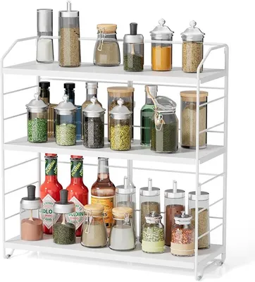 Produktbild von PolkaHome® Gewürzregal 3-stufig Standregal Höhenverstellbar Metallregal für Küche Bad Weiß
