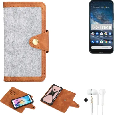 Produktbild von K-S-Trade Handyhülle + Kopfhörer kompatibel mit Nokia 8.3 5G Schutzhülle Filz Hülle Kunstleder hellgrau braun (1x)