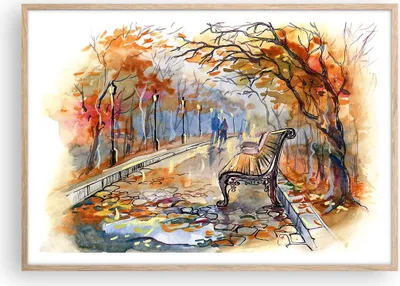 Produktbild von Gerahmtes Poster - Rahmen in heller Eiche - Path Bench Herbst Frau - 100x70 cm - Wand Bild - Wanddeko - Wandbilder - Wandposter - Bilderrahmen - Bilder - Kunstdruck - Wandbild - P2NAA100x70-3000