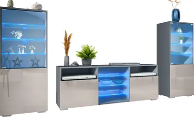 Produktbild von Vladon Wohnwand Granada, Anbauwand bestehend aus 2 Vitrinen und 1 TV-Board, Anthrazit matt/Sandgrau Hochglanz inkl. LED-Beleuchtung (286 x 122,5 x 35 cm)