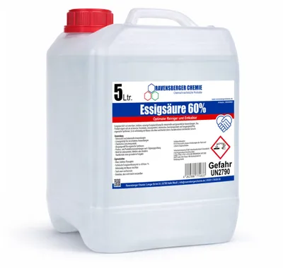 Produktbild von Ravensberger Chemie Essigsäure 60% – konzentrierter technischer Reiniger, Entkalker & Kalkentferner für Haushalt, Garten, Werkstatt & Gewerbe - 5L