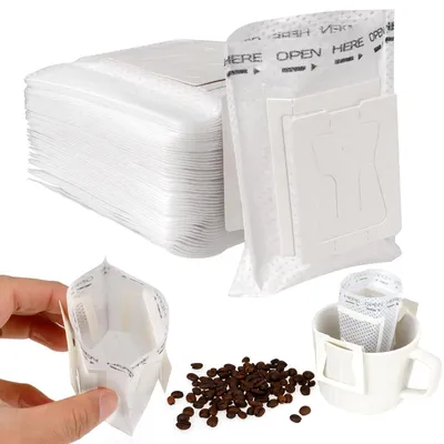 Image de Filtres à café portables - 50 filtres en papier jetables avec attaches pour tasses - pour café et thé - idéaux pour la maison, le bureau, le camping et les voyages