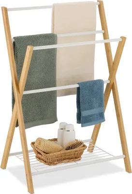 Obrázek produktu pro Relaxdays – držák na ručníky, stojan na ručníky se 4 tyčemi a odkládací plochou, na ručníky a osušky, bambus a železo, přírodní/bílá