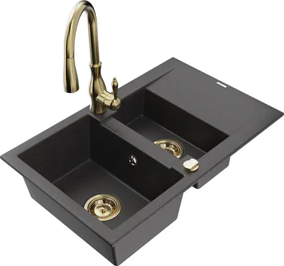 Produktbild von Mexen Gaspar 1,5-Becken-Granitspüle mit Abtropffläche und Mischbatterie Savita, Schwarz gesprenkelt - 6507-76-672601-50