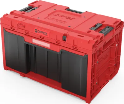 A red and black tool box with multiple compartments.