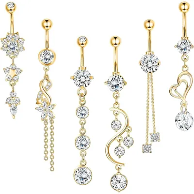 Productafbeelding van Set van 6 buikpiercings, 14G chirurgisch staal, met zirkonia, goudkleurig