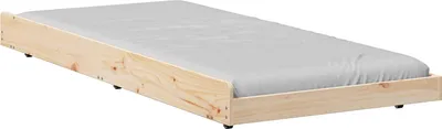 A wooden bed frame with a light gray mattress on a white background.