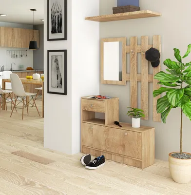 Obrázek produktu pro Vestavěná skříň do předsíně 90 cm s botníkem, zrcadlovým panelem, 3 háčky, 1 zásuvkou a 1 dvířky, matná