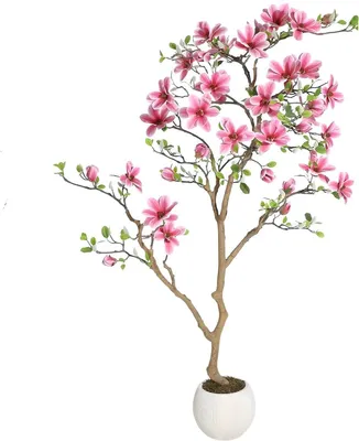 Produktbild von Künstlicher Magnolienbaum 180 cm - Realistische Seidenblätter und rosa Blüten - Pflegefreie Kunstpflanze für Zuhause und Büro
