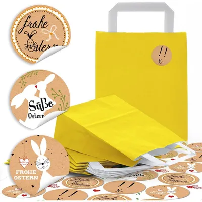 Produktbild von 5 kleine gelbe Papiertüten Ostertüten mit Henkel und Boden 18 x 8 x 22 cm + 24 runde Aufkleber 4 cm Kraftpapier Frohe Ostern Sticker Verpackung für Ostergeschenke give-away Kinder10 Stück