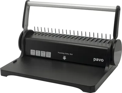 A black plastic binding machine with a silver handle is shown against a white background.
